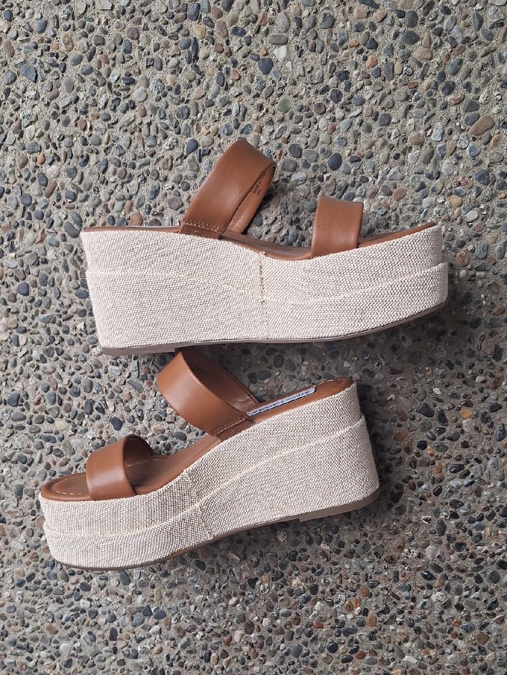 Steve Madden Moveable Leather & Linen Wedge Platform Sandals Tan Size 6.5 - Picture 2 of 8